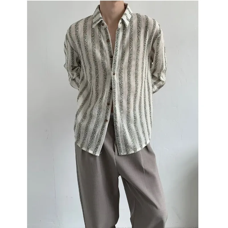 Ethnic Style Stripe Long Sleeve Men's Shirt in Polyester with Hollow Out Craft and Lapel Collar