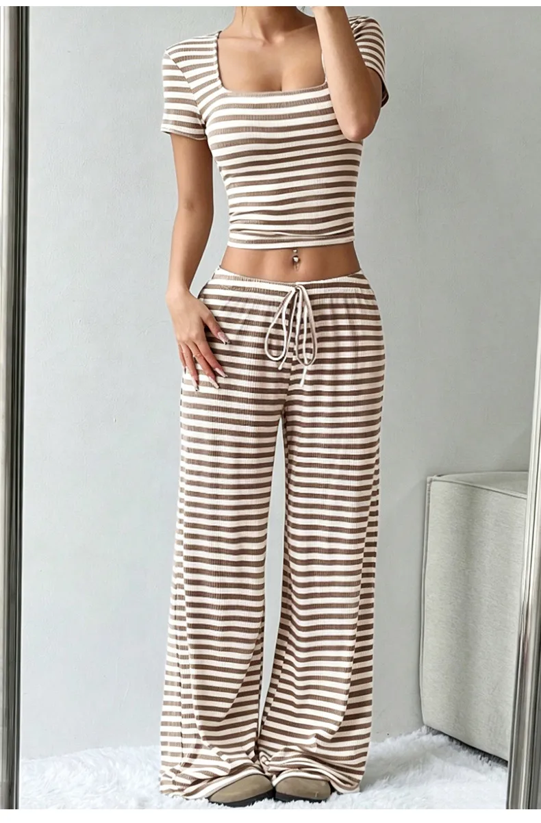 Women’s Casual Stripe Milk Fiber Pajamas with Printing and Dyeing, Perfect for Spring