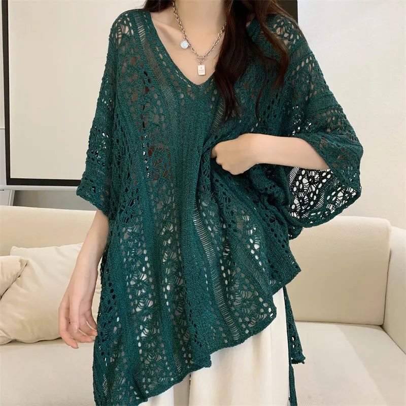 Loose V Neck Batwing Sleeve Solid Color Pullover Sweater for Women