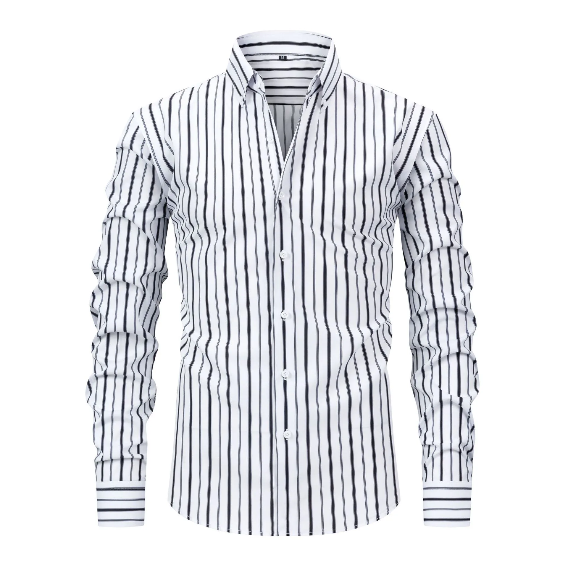 Casual Stripe Long Sleeve Shirt for Men in 4-Way Stretch Fabric with Printing Craft and Lapel Collar