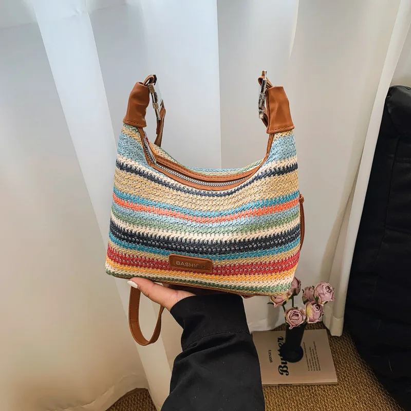 Rainbow Straw Bucket Bag for Women with Braid Detail, Perfect Summer Shoulder Bag