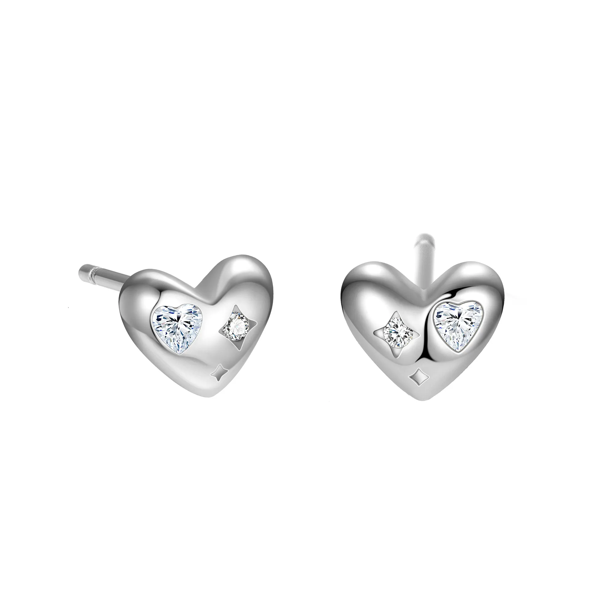 Heart Shape Stud Earrings For Women in, Made of 925 Sterling Silver with Zircon Inlay, Silver Color