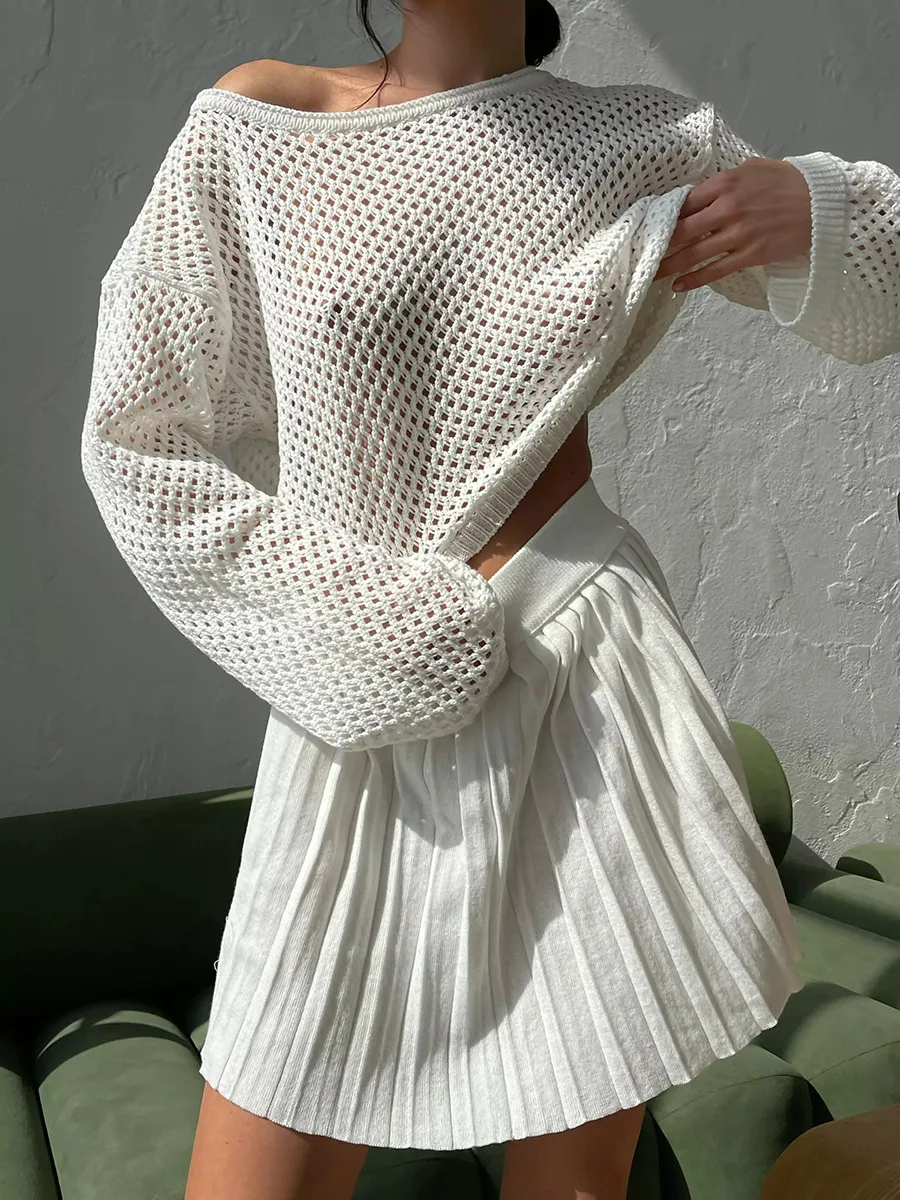 Solid Color Casual Long Sleeve Polyester Skirt Co-ord Set Featuring Hollow Out Design, 2 Pieces Set