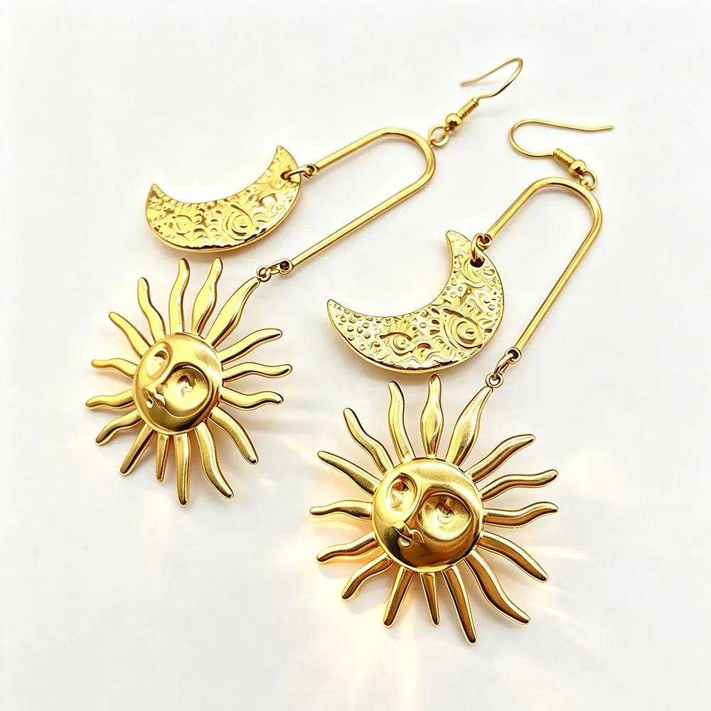 Retro Moon Tassel Drop Earrings for Women in 18K Real Gold Plated 304 Stainless Steel