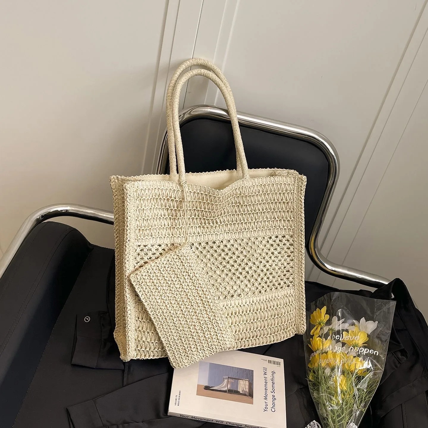 Women’s Square Straw Bag with Braid Design, Made of Paper, Featuring Single Shoulder Strap, Perfect for Summer