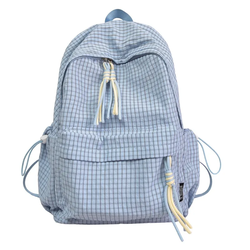 Children Unisex Plaid Nylon School Backpack with Ornament, Breathable Design for Spring and Summer