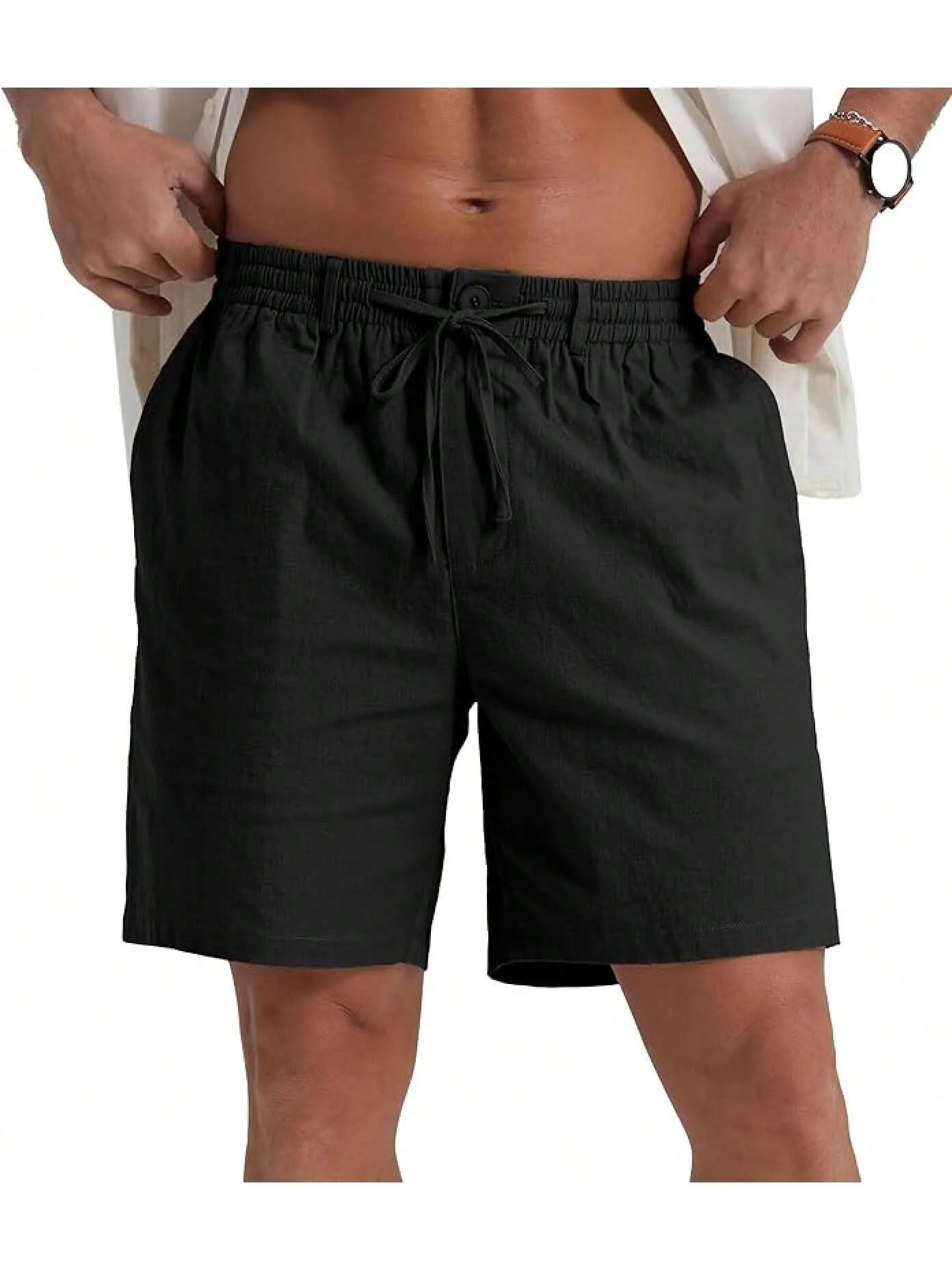 Men's Casual Solid Color Polyester Beach Shorts with Drawstring for Comfortable Summer Wear