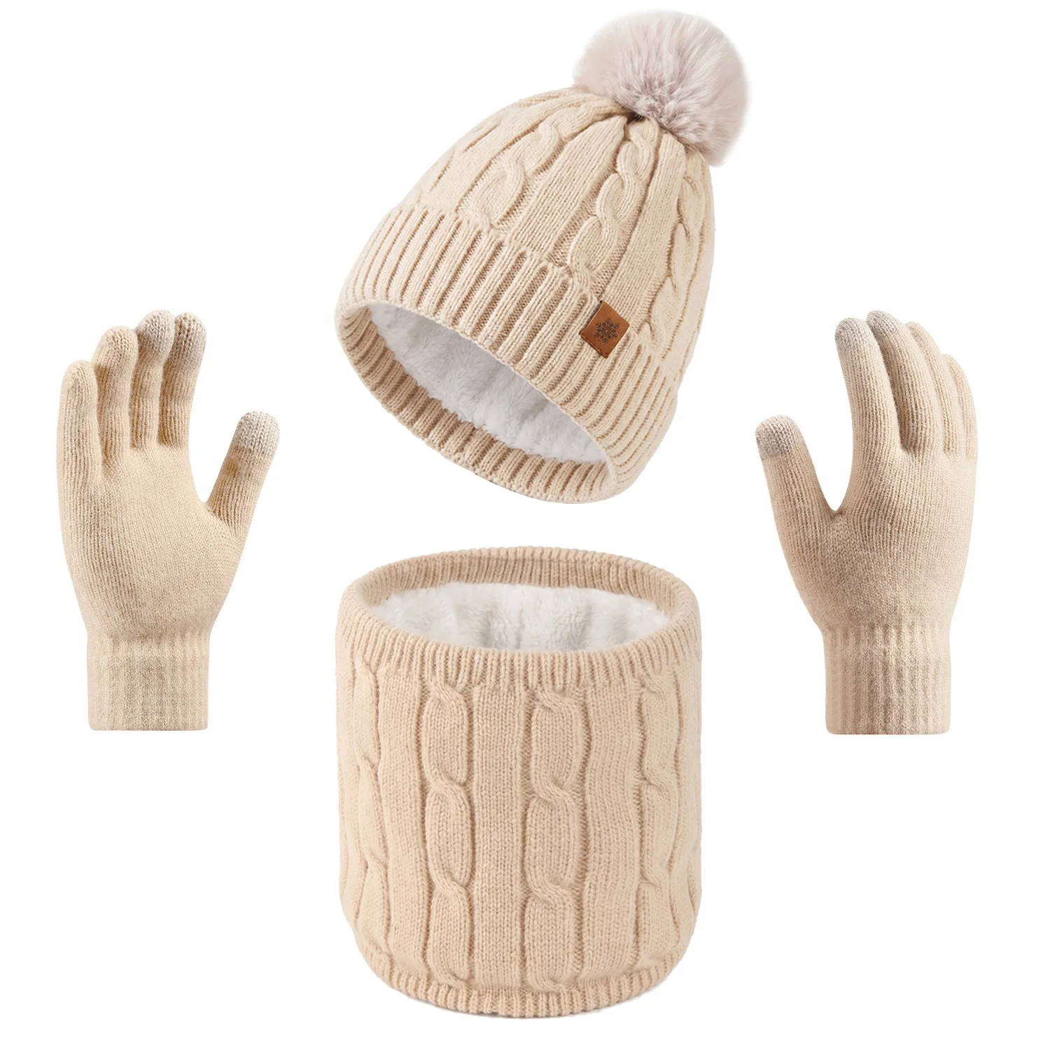 Original Design Solid Color Wool Cap for Women, 3 Pieces Set in Acrylic, Knitted Style
