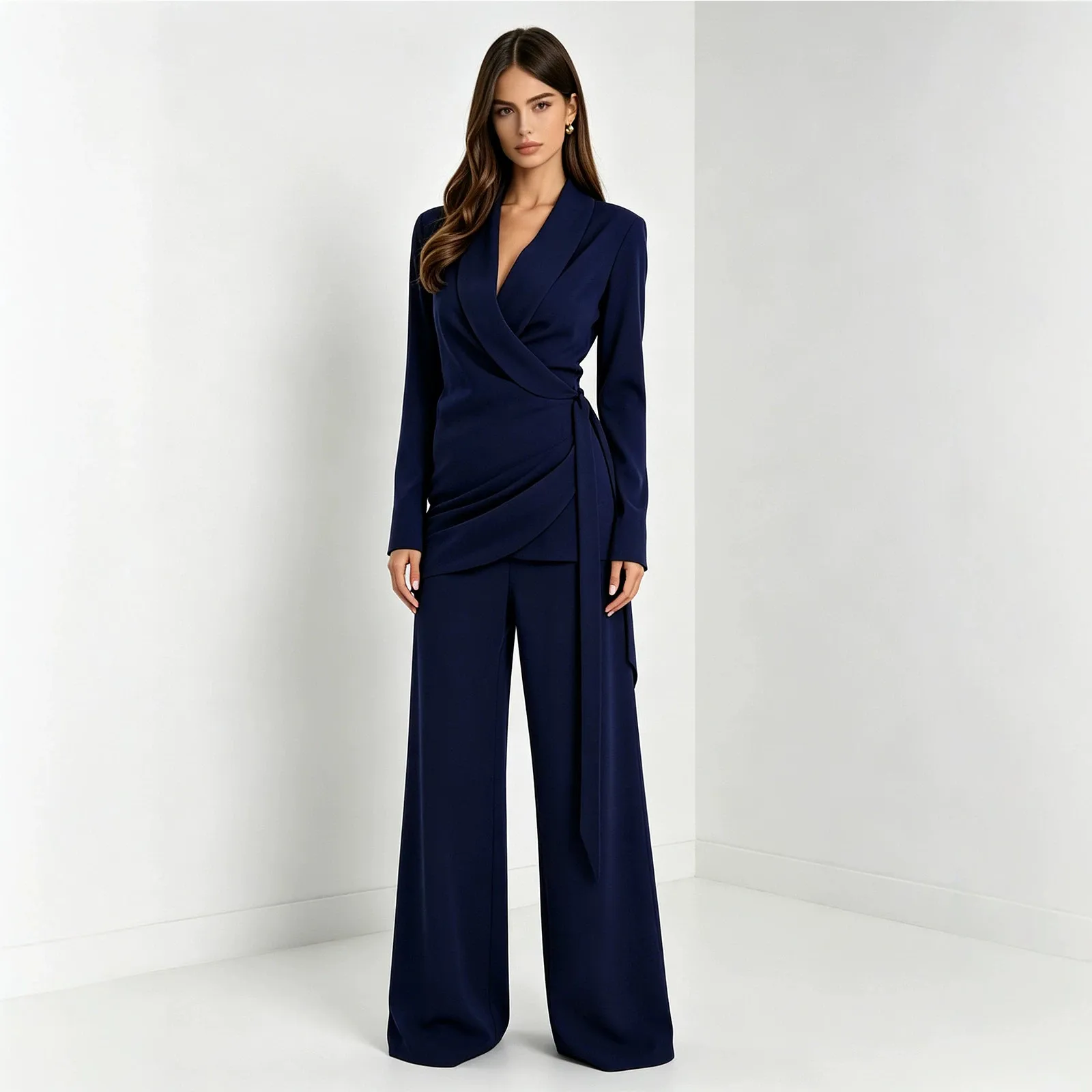 Solid Color Linen Long Sleeve Casual Blazer Suits Co-ord Set Featuring Draped Design with Tie Closure