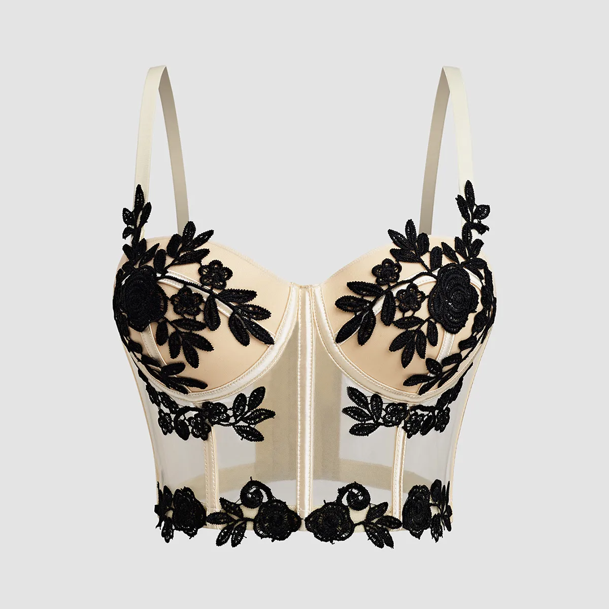 Sexy Flowers Camisole Top with Embroidery in Polyester Fabric featuring Strap Neckline