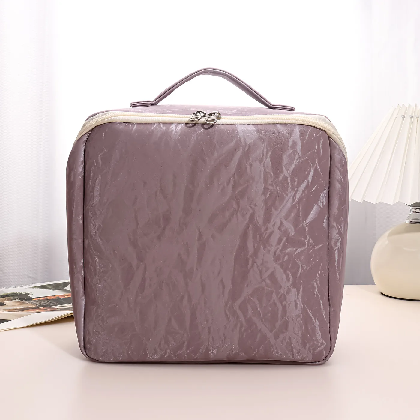 Solid Color PU Leather Cosmetic Bag for Women with Top Handle, Waterproof Design