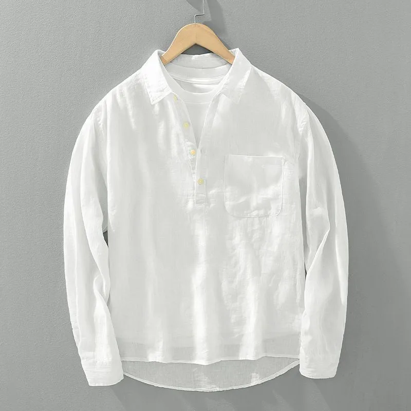 Men's Loose Long Sleeve Linen Shirt with Contrast Collar and Square Neck