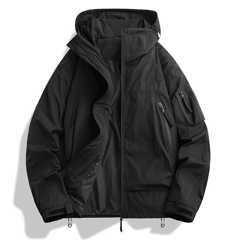Men's Solid Color Outdoor Jacket with Zipper Placket in Dyed Black, Made of Durable Nylon Fabric