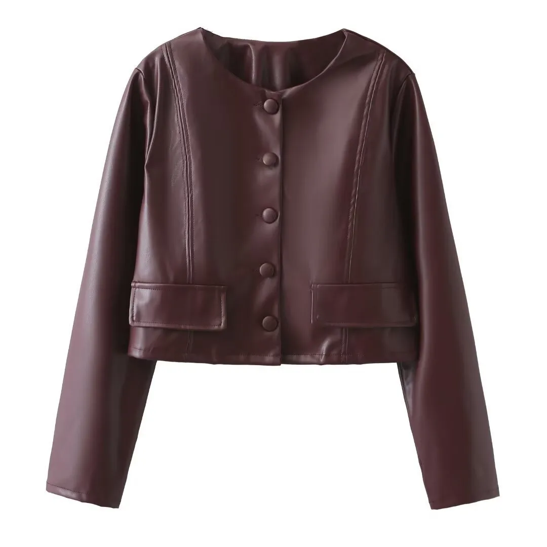 3D Print Streetwear Single Breasted Leather Jacket for Women in PU Fabric with Round Neck Design