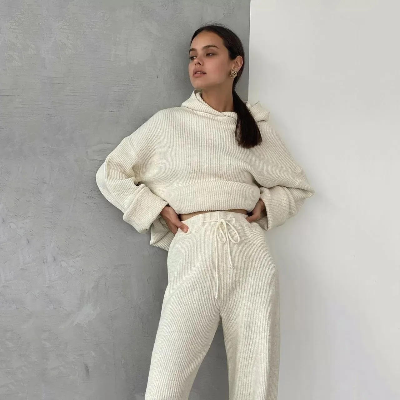 Solid Color Women's Cotton Blend Casual Tie Set with Long Sleeves