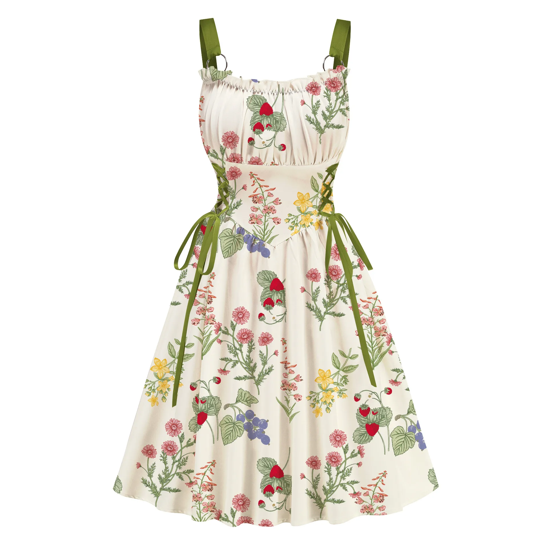 Ditsy Floral Vintage Style Sleeveless Swing Dress with Strap Neckline in Polyester Midi Dress