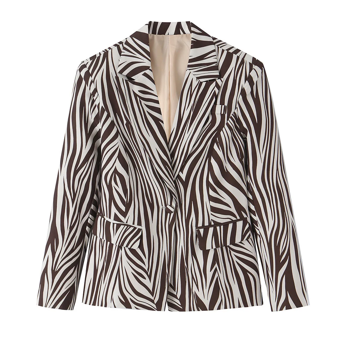 Zebra Long Sleeve Polyester Blazer with Patchwork Craft, Single Breasted Design and Lapel Collar