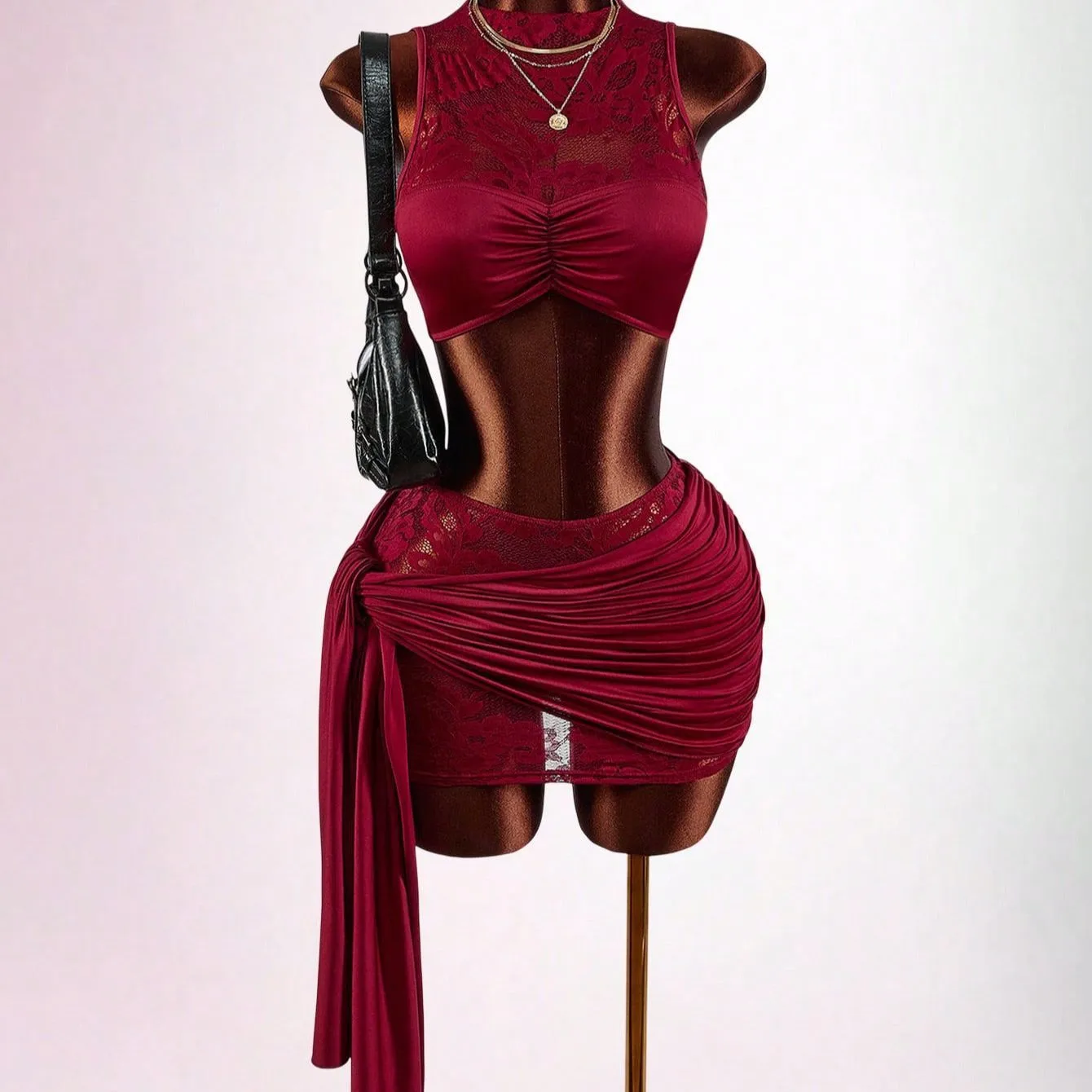 Sexy Solid Color Casual Skirt Co-ord Set in Polyester Featuring Lace Craftsmanship, Sleeveless 2 Pieces Set