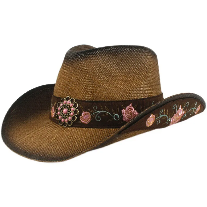 Ethnic Style Straw Hat with Wide Brim for UV Protection, Brown Color, Featuring Braid Craftsmanship