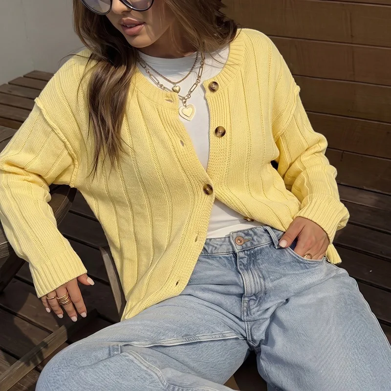 Solid Color Casual Acrylic Sweater with Long Sleeve Featuring Knitted Craft and Placket Design