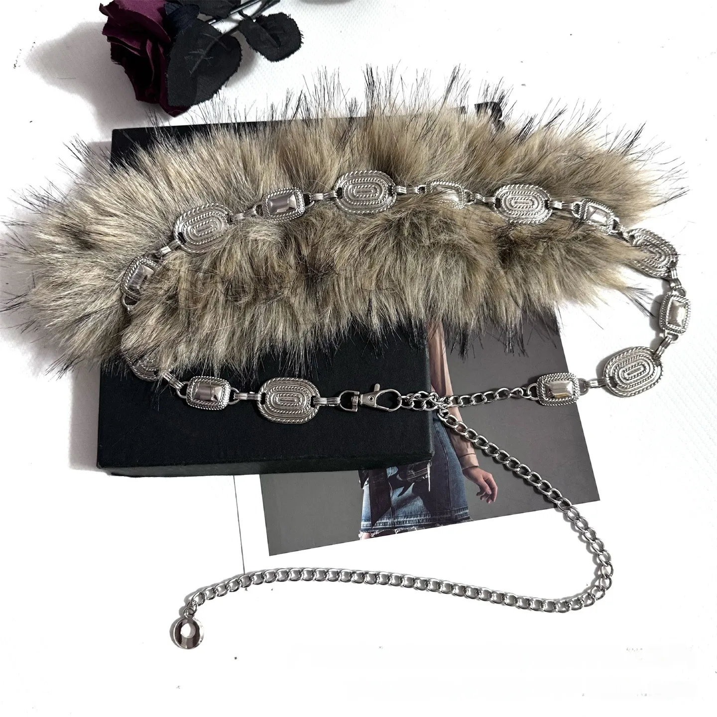 Fuzzy Ball Waist Chain Belt in Silver Metal with Alloy Buckle