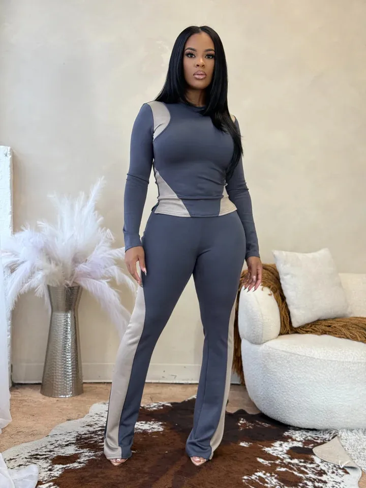 Elegant Color Block Pant Co-ord Set with Patchwork Craftsmanship, Featuring Casual Polyester Pants and Long Regular Sleeves