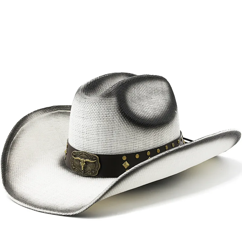 Unisex Cowboy Style Cattle Straw Hat with Flat Brim, Breathable Design in Polyester Material