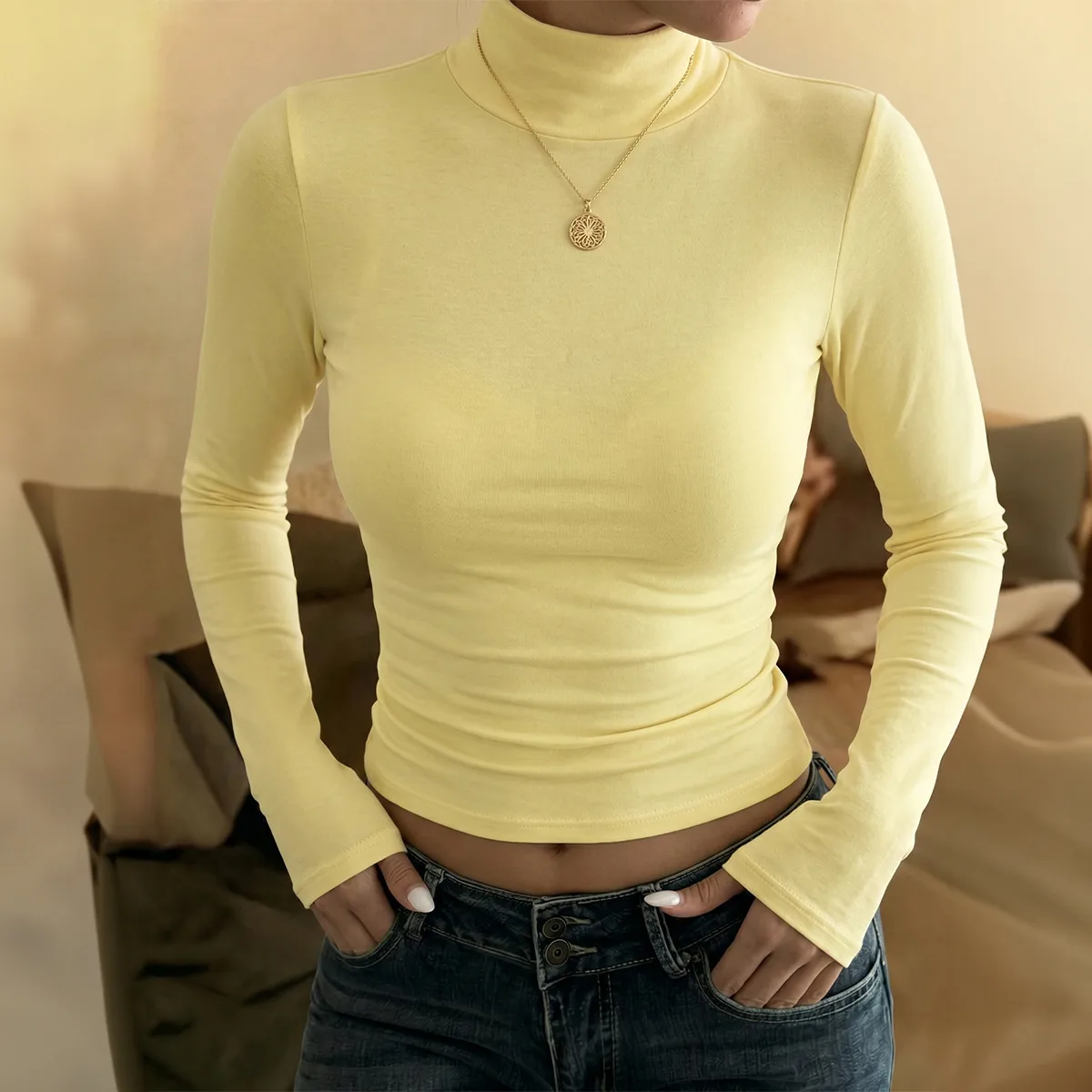 Simple Style Slim Fit Women's Base Shirt in Polyester Spandex for Autumn