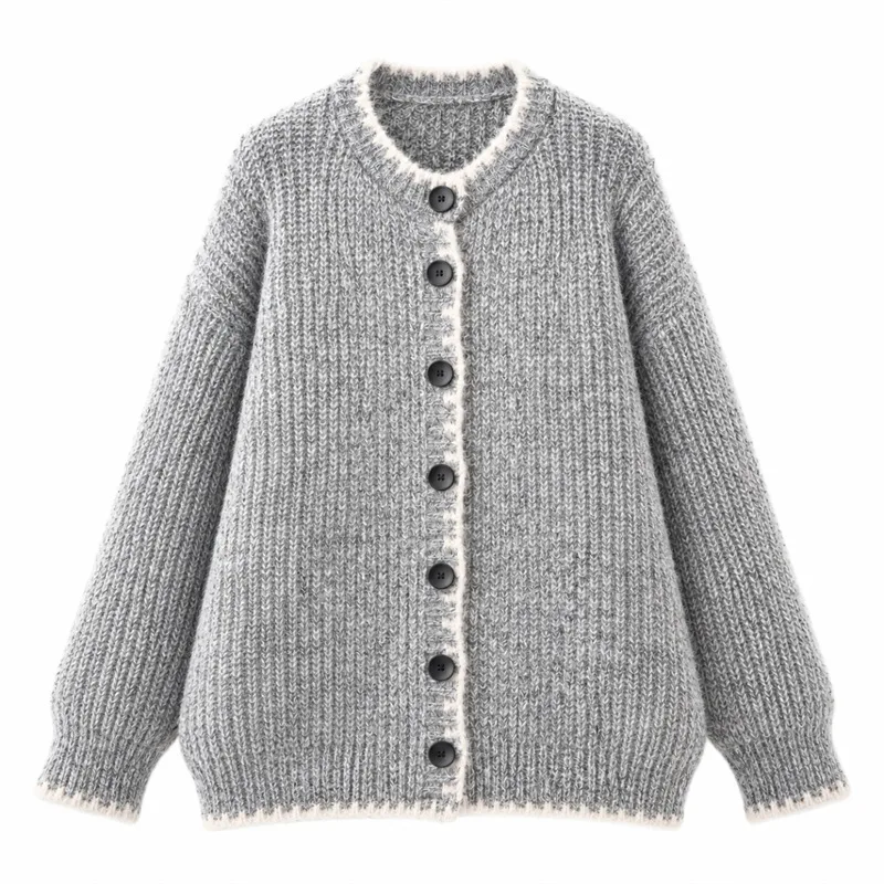 French Style Color Block Long Sleeve Knit Sweater for Women in Polyester with Round Neck and Placket