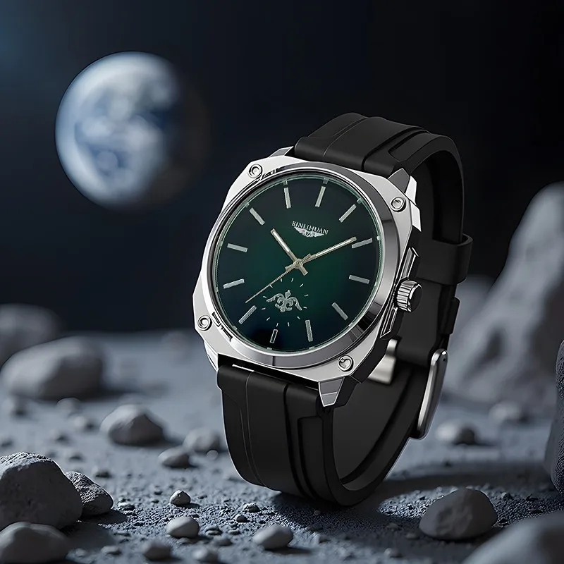 Men's Quartz Watch with Silica Gel Strap and Pin Buckle Featuring Quartz Glass Mirror