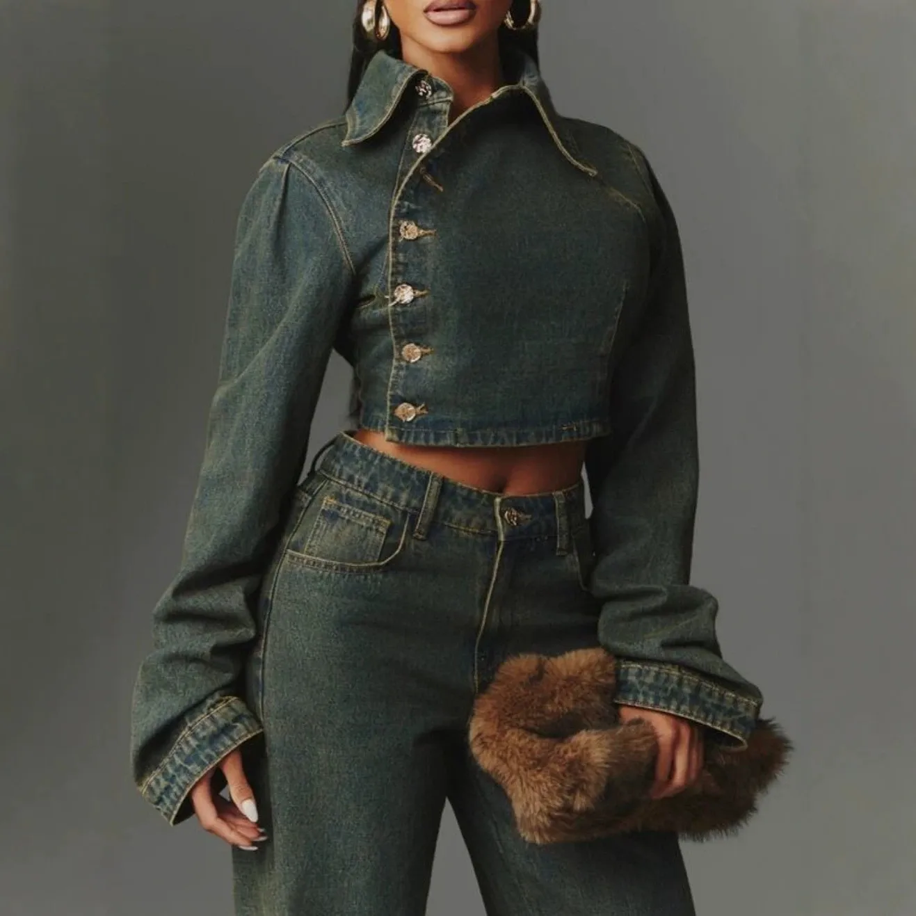 Women's Denim Coat Single Breasted Denim Jacket with Lapel Collar and Long Regular Sleeves