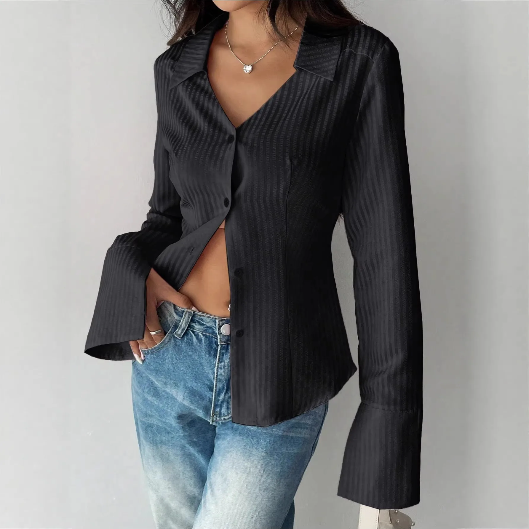 Elegant Long Sleeve Stripe Polyester Shirt for Women with V Neck Featuring Printing Craft