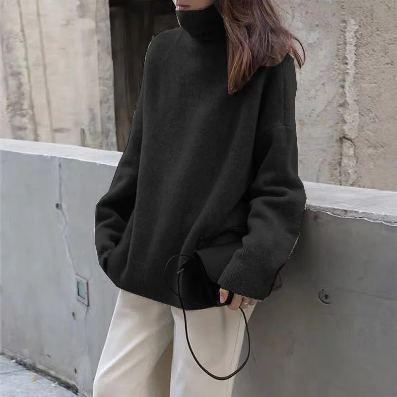 Loose Turtleneck Long Sleeve Solid Color Acrylic Sweater for Women
