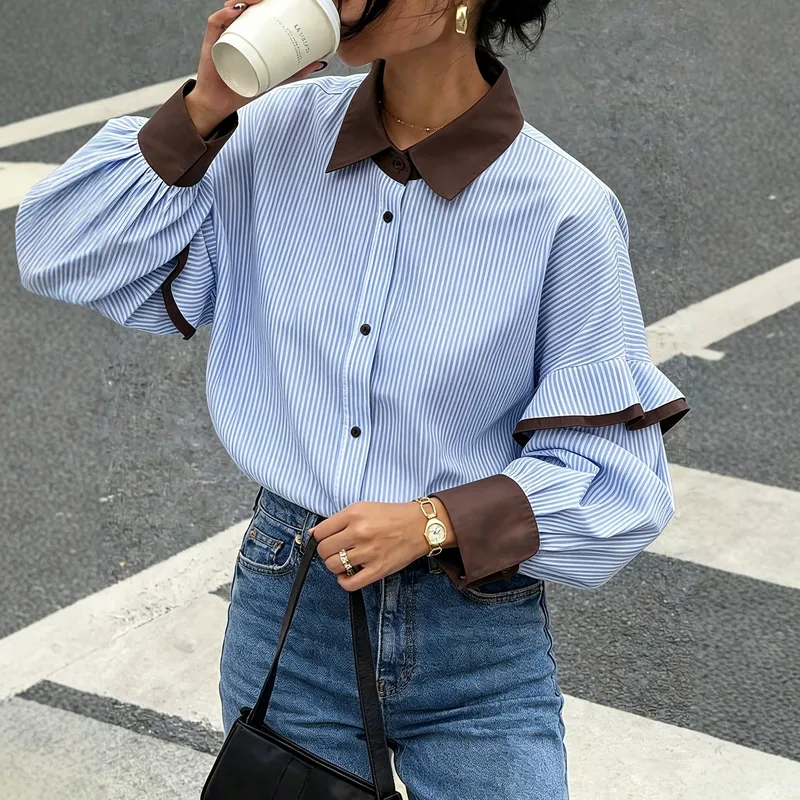 Preppy Style Stripe Long Sleeve Women's Shirt in Loose Fit, Made with Polyester Fabric