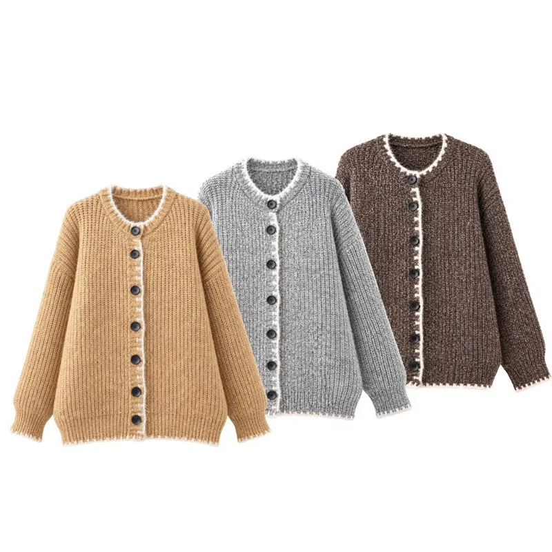 French Style Color Block Long Sleeve Knit Sweater for Women in Polyester with Round Neck and Placket