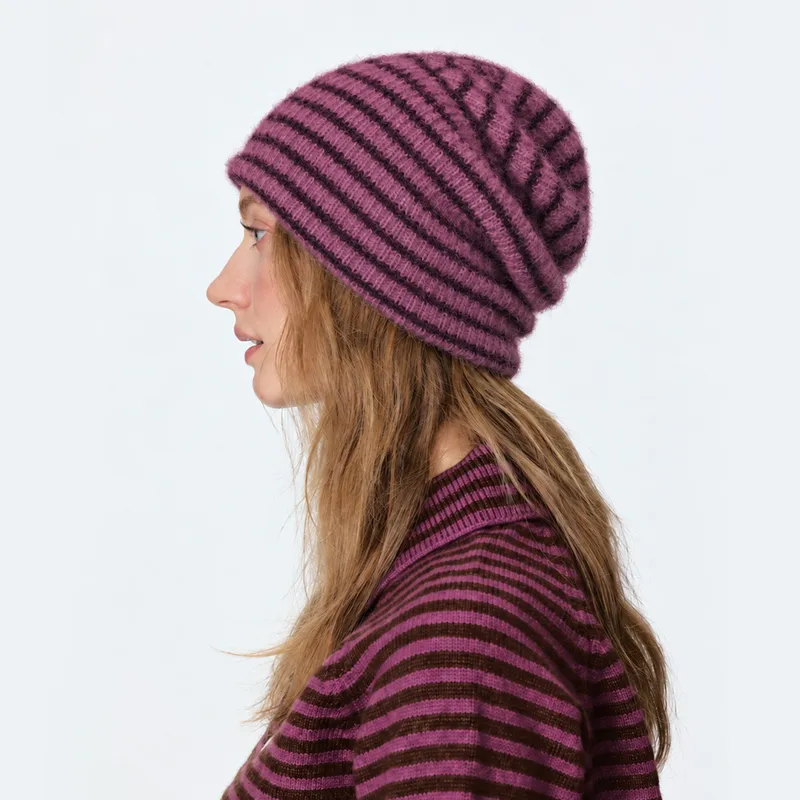 New Style Warm Stripe Wool Cap for Women, Brimless Design in Soft Acrylic Material