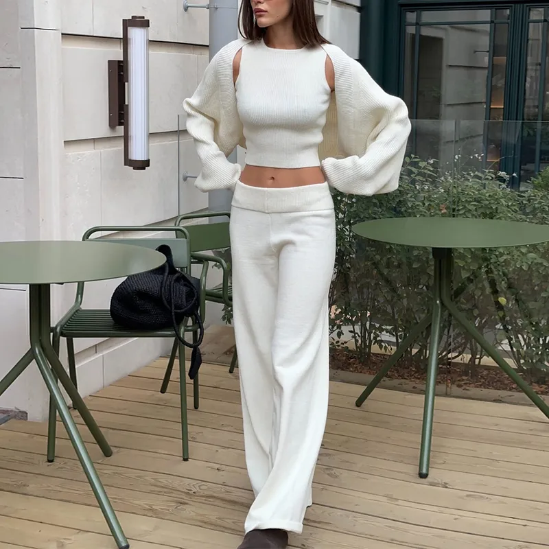 Elegant Solid Color Wide Leg Pants Pant Co-ord Set in Knitted Fabric with Knitted Craft, Featuring Halter Style, 3 Pieces Set