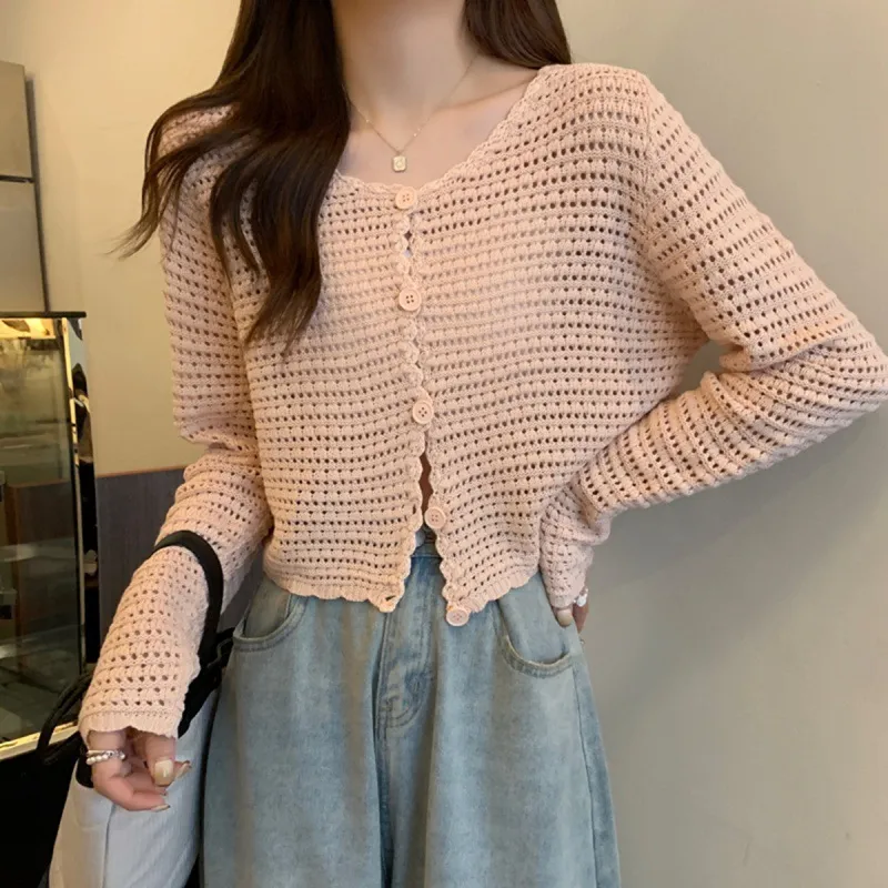 Loose Long Sleeve Crocheted Cardigan Sweater for Women