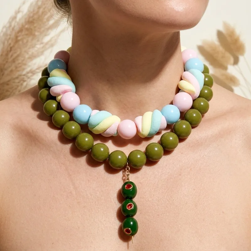 Bohemian Green Acrylic Fruit Beading Necklace for Women with Beaded Chain