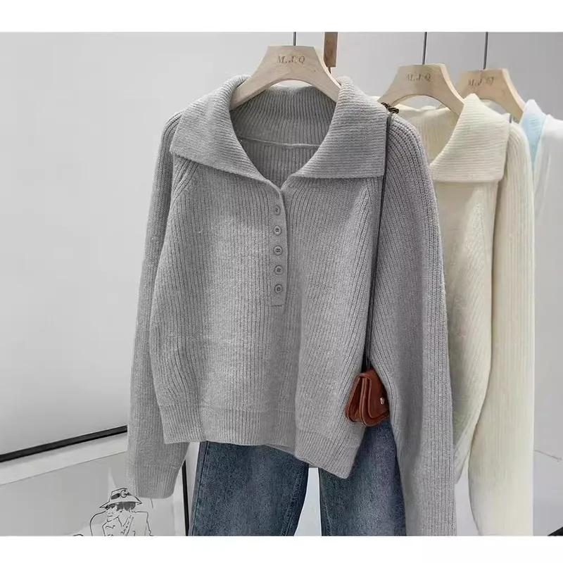 Loose Solid Color Long Sleeve Polyester Women's Pullover Sweater with Button Detail
