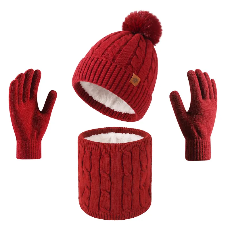 Original Design Solid Color Wool Cap for Women, 3 Pieces Set in Acrylic, Knitted Style