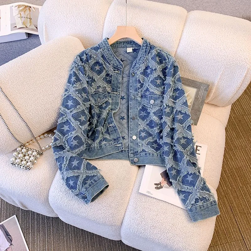Women's Casual Single Breasted Printed Coat with Round Neck