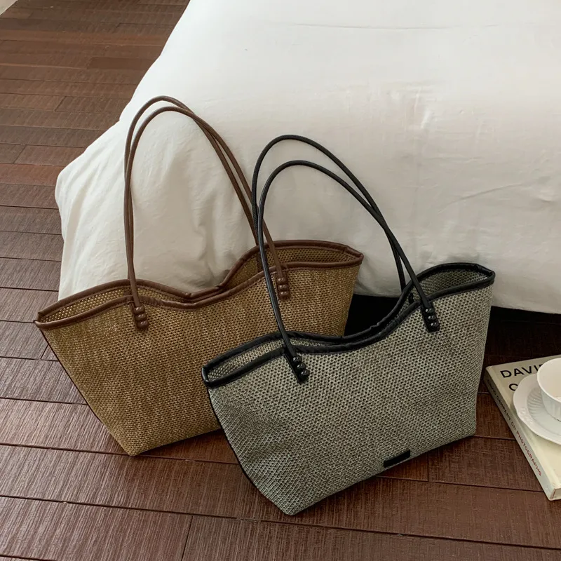 Solid Color Square Straw Tote Bag for Women with Braid Detail and Single Shoulder Strap