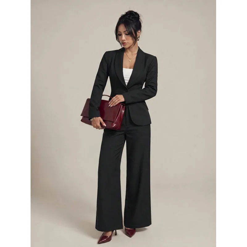 Elegant Solid Color Dress Pants and Blazer Suits Co-ord Set in Polyester with Patchwork Detail for Casual Wear, 2 Pieces Set