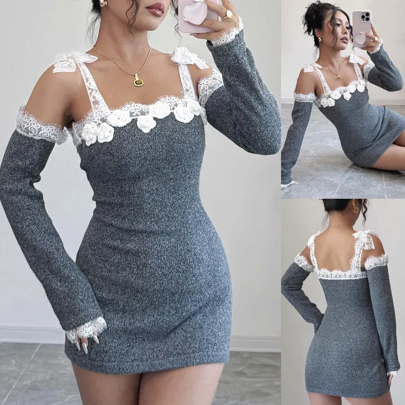 Solid Color Lace Dress with Long Sleeve and Off Shoulder Neckline, Streetwear Style for Street Occasion