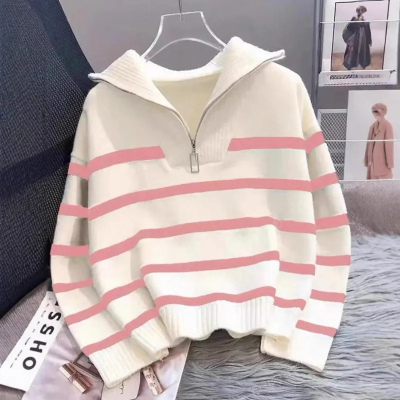 Striped Plaid Long Sleeve Acrylic Pullover Sweater with Zipper