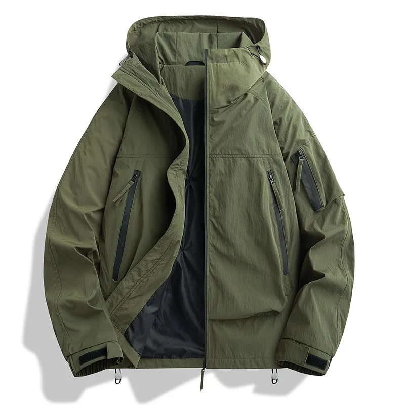 Men's Solid Color Outdoor Jacket with Zipper Placket in Dyed Black, Made of Durable Nylon Fabric