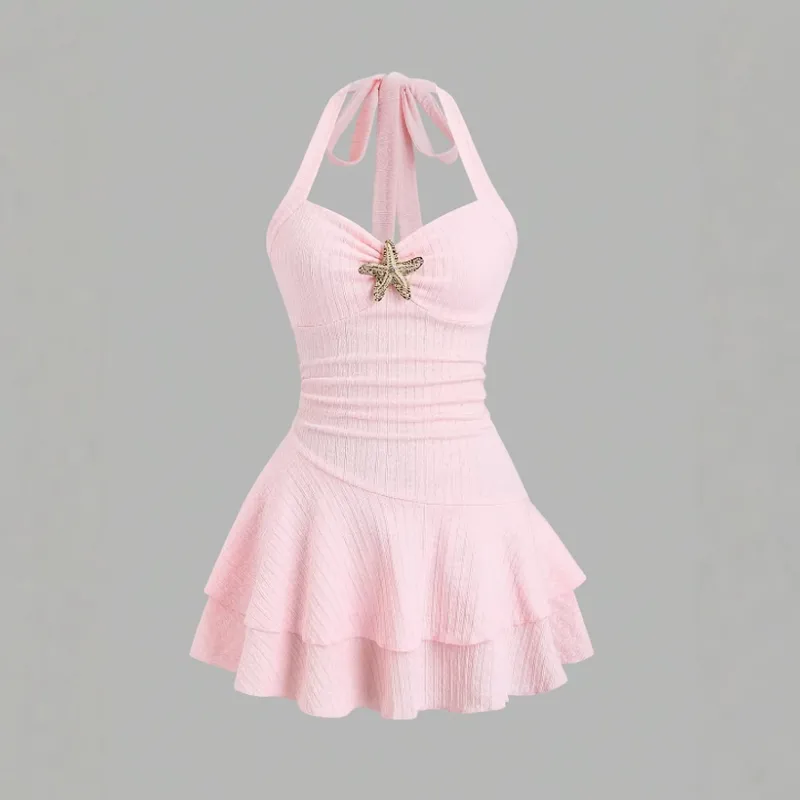 Sexy Solid Color Sleeveless Halter Neck Strap Dress for Beach, Made with Comfortable Polyester Fabric