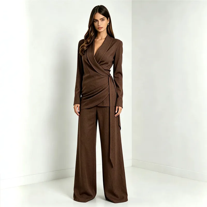 Solid Color Linen Long Sleeve Casual Blazer Suits Co-ord Set Featuring Draped Design with Tie Closure