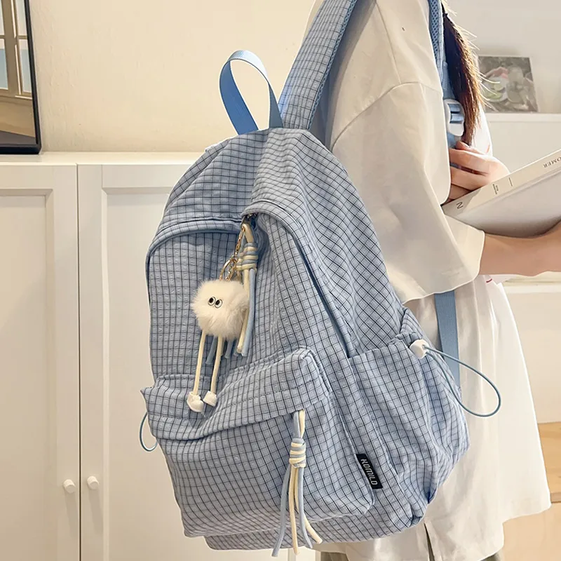 Children Unisex Plaid Nylon School Backpack with Ornament, Breathable Design for Spring and Summer